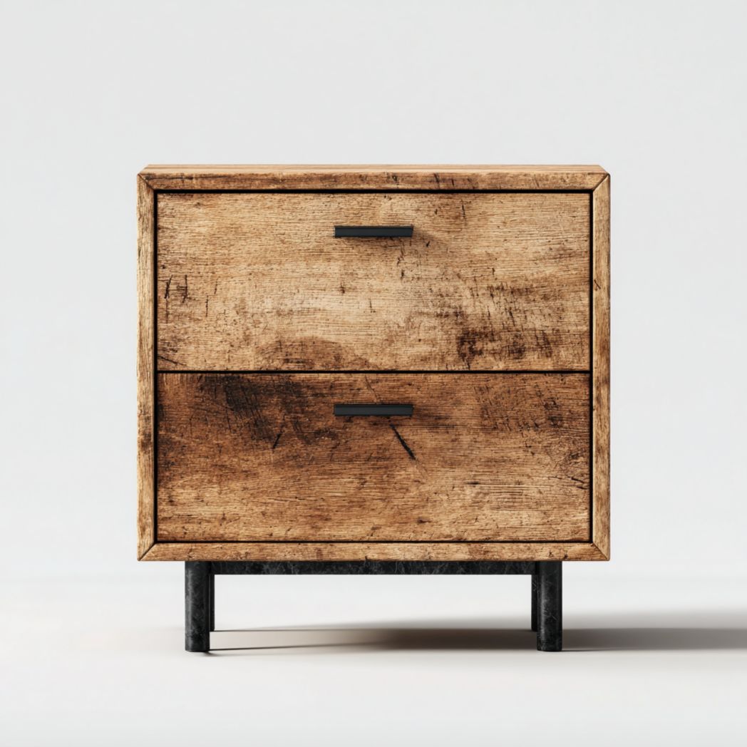 Comodino a due cassetti in legno di pino e base in metallo 45x40x45 cm