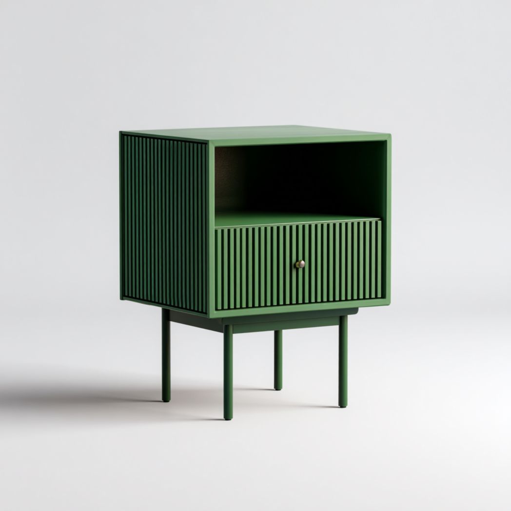 Comodino Verde con Frontale Scanalato e Vano a Giorno su Gambe Sottili