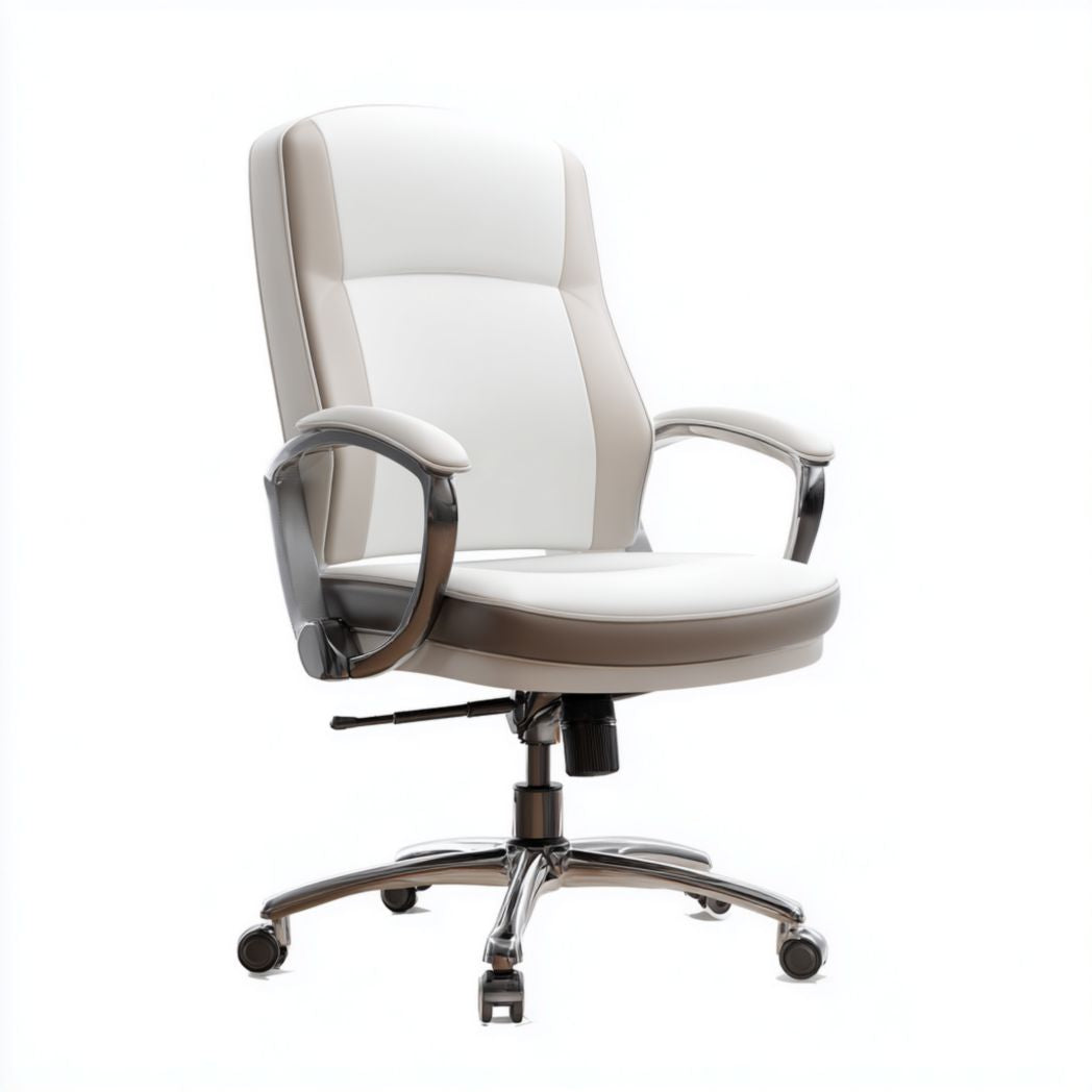 Poltrona da ufficio con seduta e schienale in pelle sintetica bianca e dettagli beige