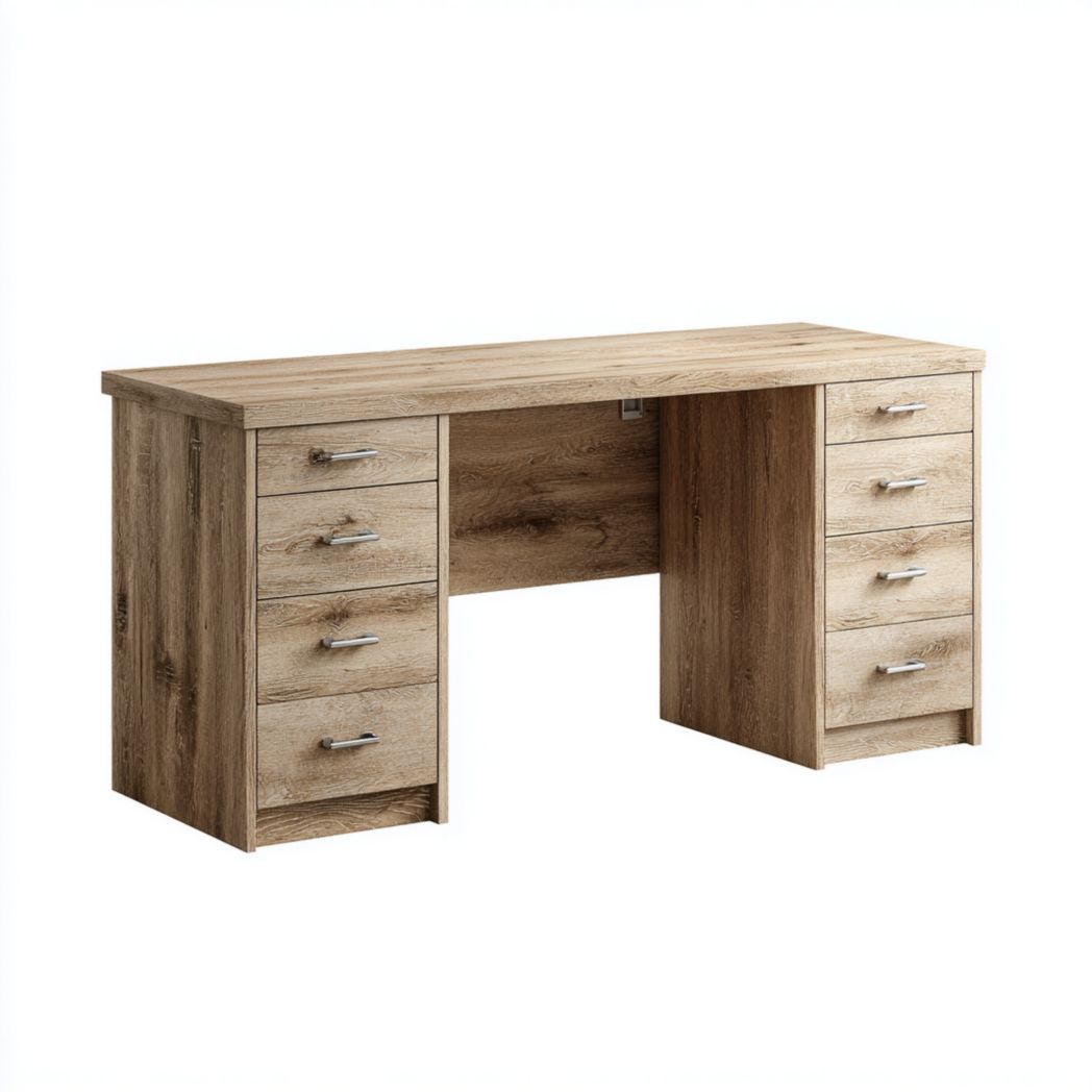 Scrivania da ufficio con piano in legno effetto naturale e doppia fila di cassetti