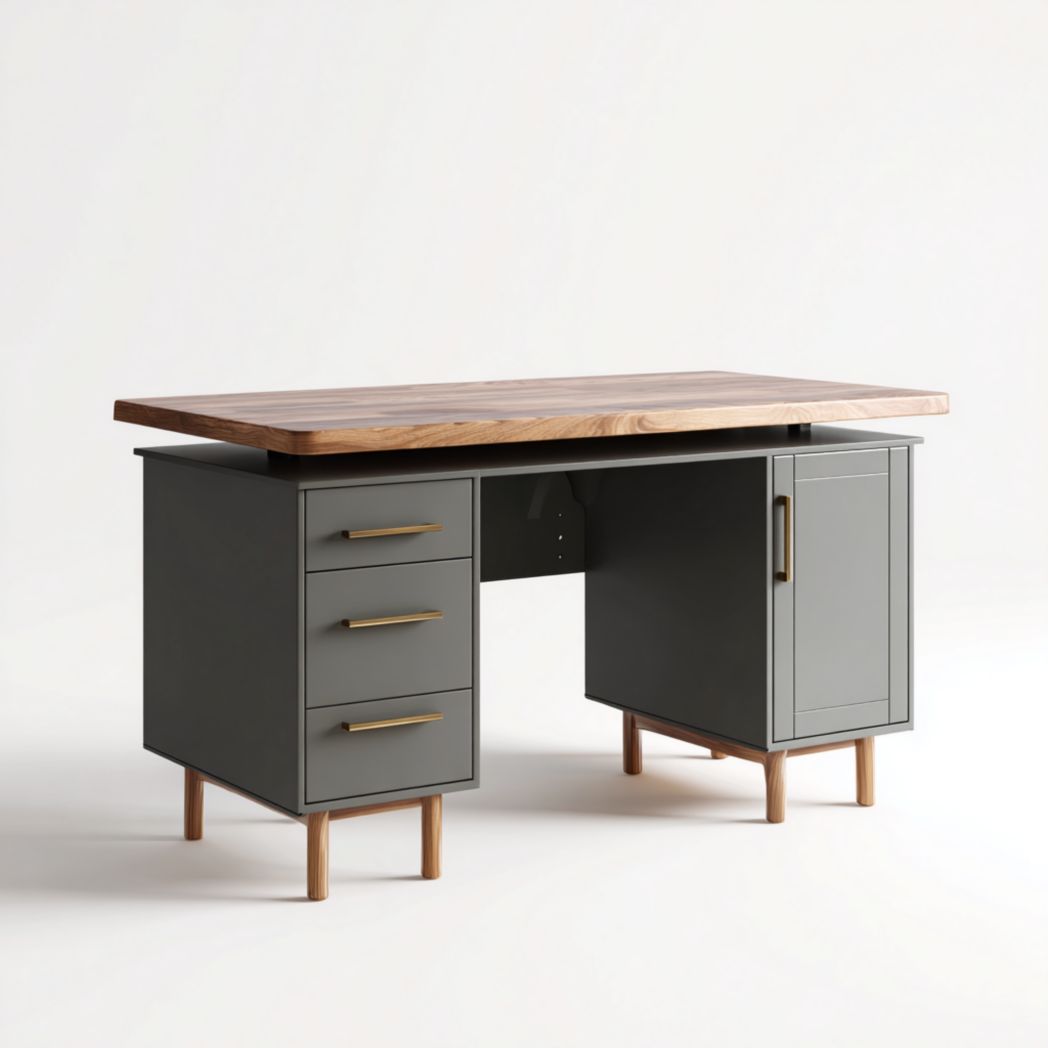 Scrivania da ufficio con piano in legno massello e cassetti grigi