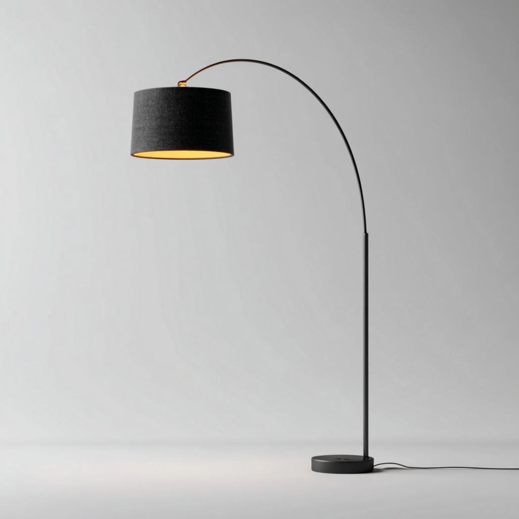 Lampada da Terra con Paralume Nero e Base Nera Curvata