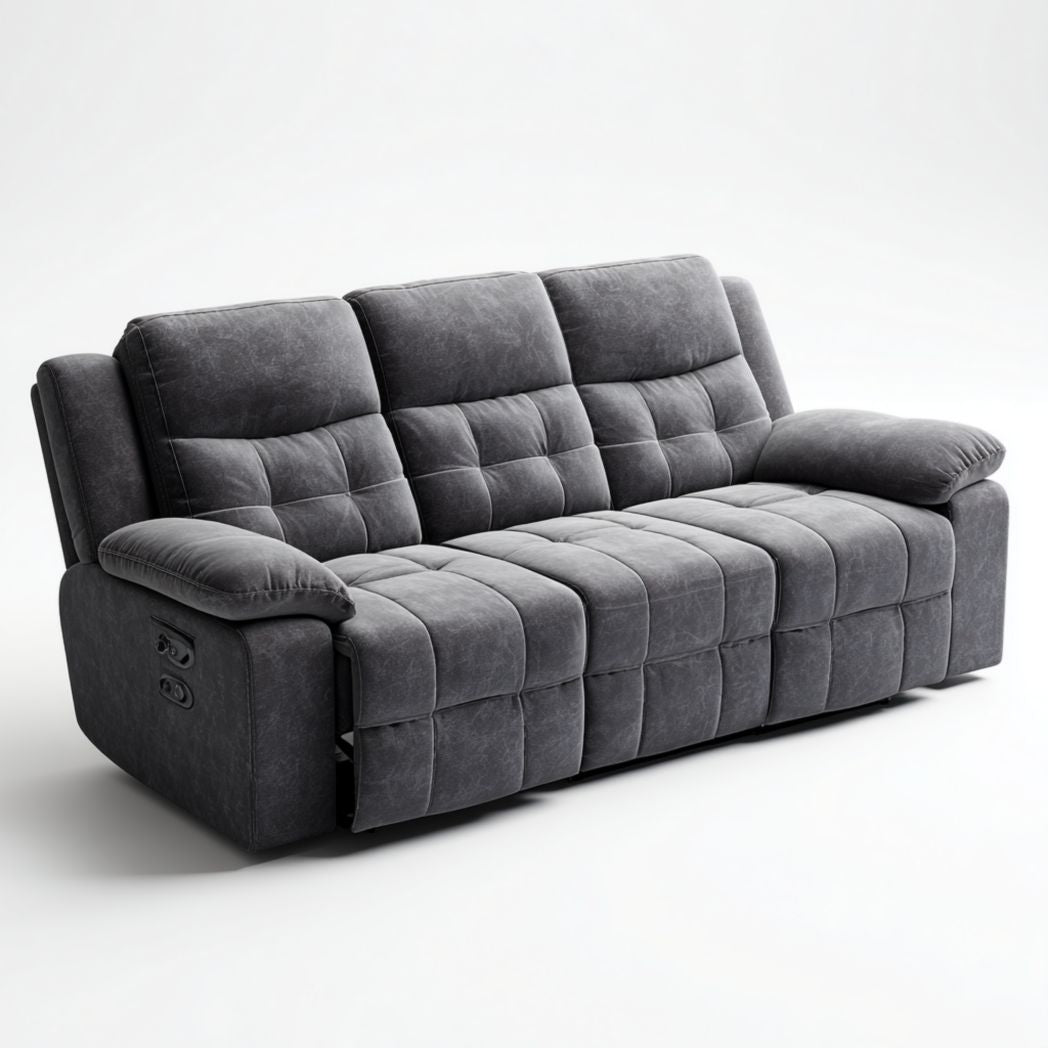 Divano reclinabile a 3 posti in tessuto grigio scuro con braccioli imbottiti