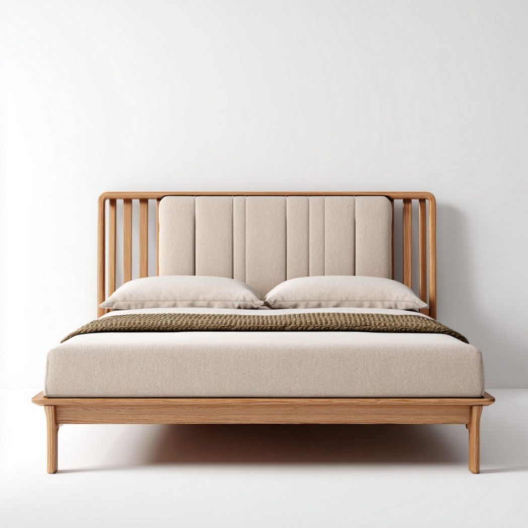 Letto Matrimoniale in Legno di Rovere con Testiera Imbottita in Tessuto Beige e Struttura a Doghe