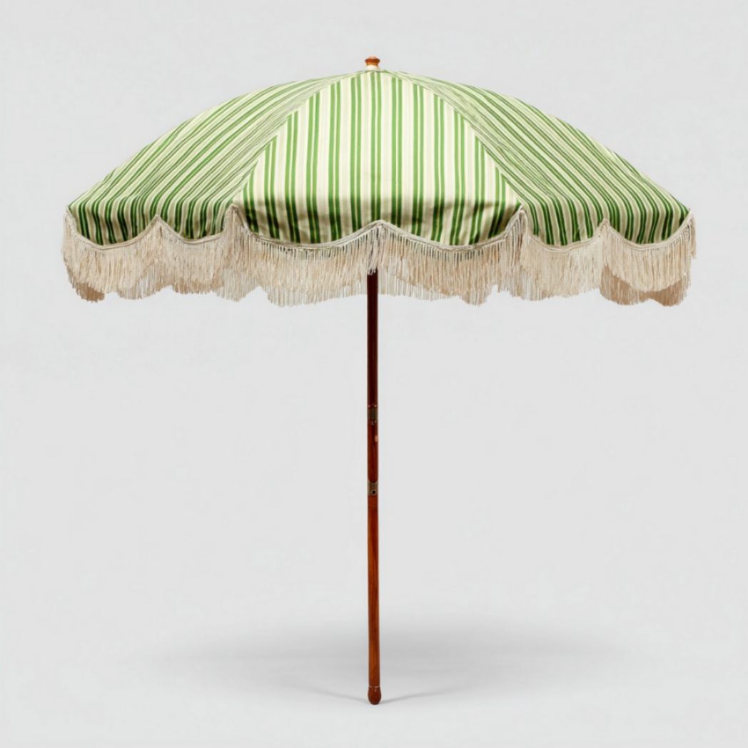 Ombrellone da Spiaggia in Tessuto Oxford e Legno, Verde/Bianco a Righe con Frange